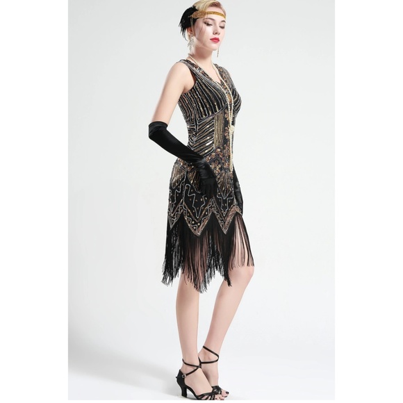 Black and Gold glass beaded Fringe Flapper Dress - Picture 3 of 8